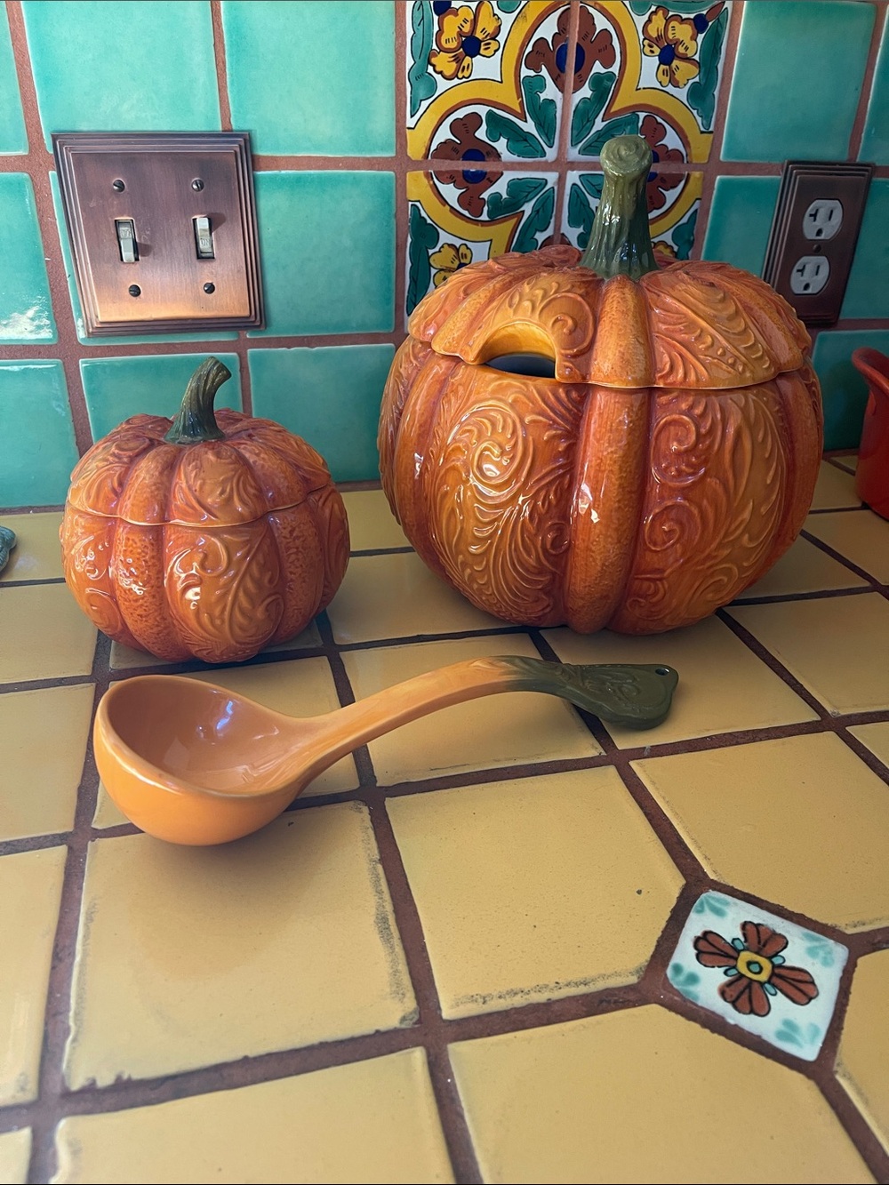 Pier 1 Orange Pumpkin Ceramic Soup Tureen with Ladle and Soup Bowl with Lid.